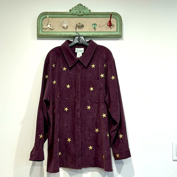 Vintage Quacker factory long sleeve button down faux suede embroidered star top - Picture 1 of 5